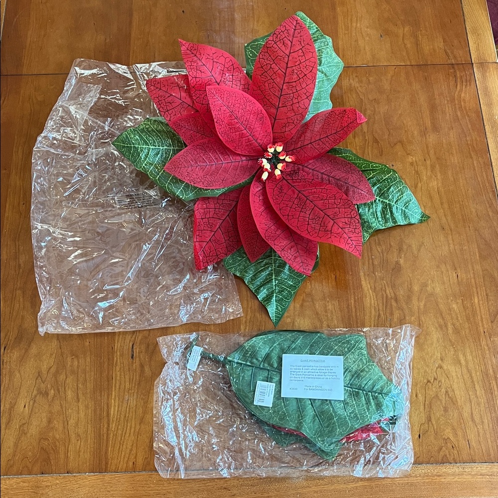 NWT Giant 24” Pair (2) Vintage Christmas Poinsettias w/  Bendable Leaves & Stem.